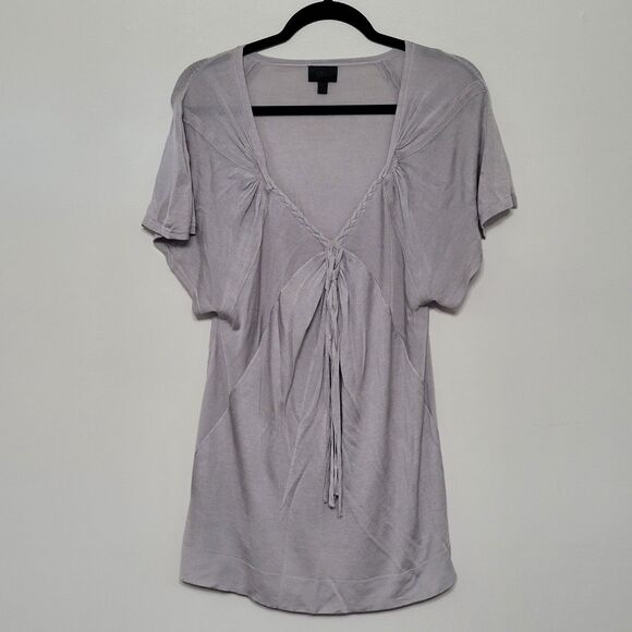 Banana Republic Monogram Large Grey Silk Tie Front Blouse Romantic Quiet Luxury - Picture 1 of 5